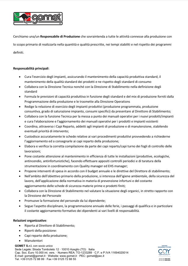 Production manager ITA